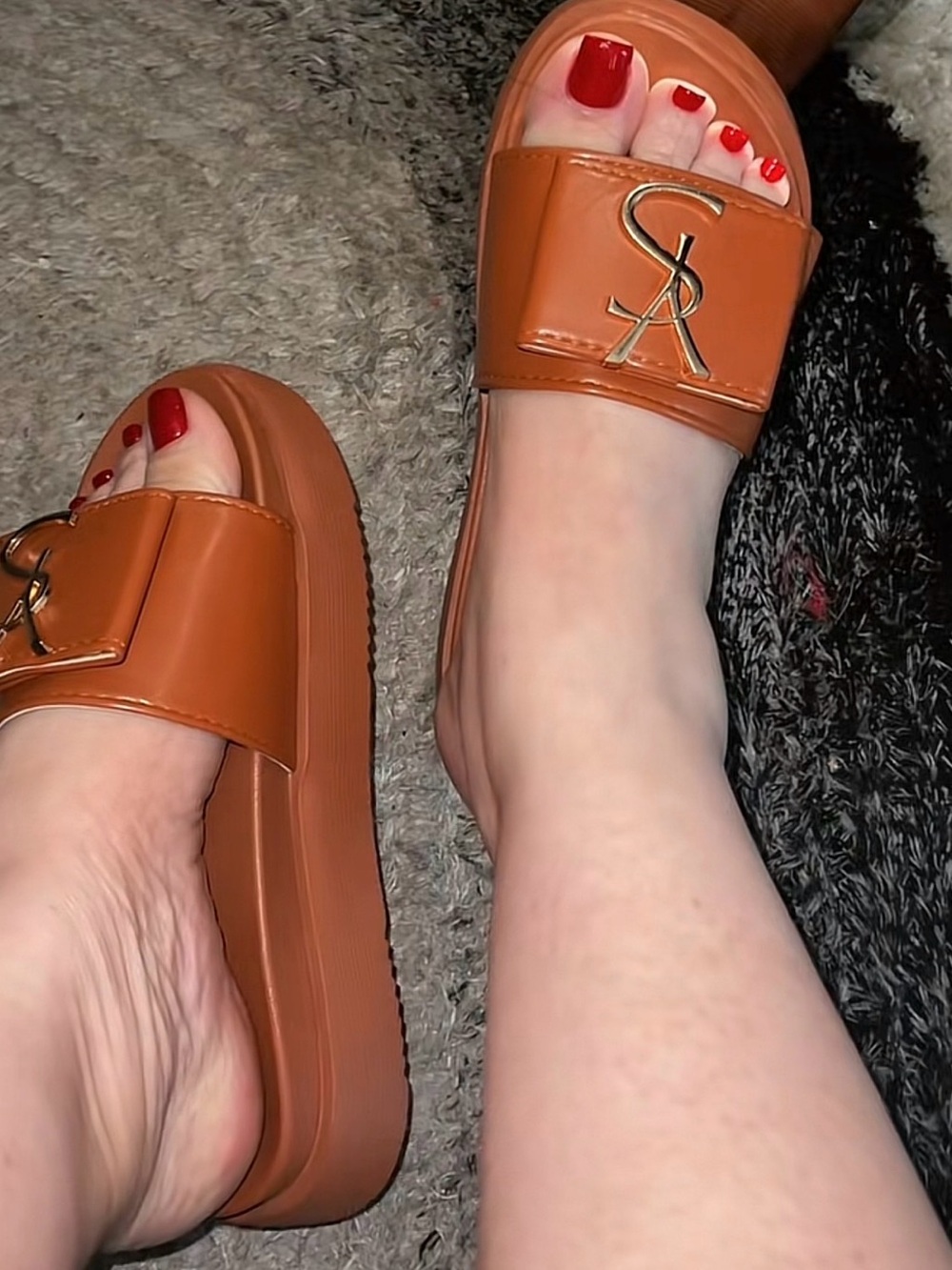 Brown Platform Slide Sandals with Gold Logo